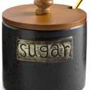 LYEOBOH Ceramic Sugar Bowl with Lid and Spoon, 15 Oz Farmhouse Sugar Container Holder for Coffee Bar Accessories, Food Storage Containers - Modern Kitchen Decor Housewarming Gift, Black
