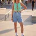 EMMIOL Bermuda Jean Shorts for Women Long Knee Length High Waisted Stretchy Cotton Jorts with Pockets Denim Summer Clean Fit