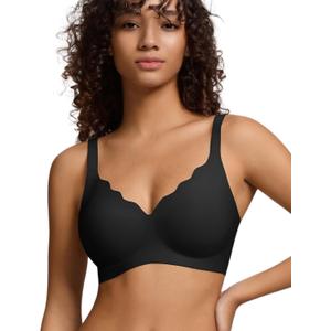 DEANGELMON Women's Seamless Bras No Underwire Comfort Bralettes Push Up Bras Wireless Scalloped Full Coverage Everyday Bra(1P2, M) Black