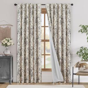 jinchan Blackout Linen Blend Curtains Floral Curtain for Living Room 84 Inch Length Black Printed Curtain with Lined Blackout Curtains for Bedroom Farmhouse Curtains Set 2 Panels