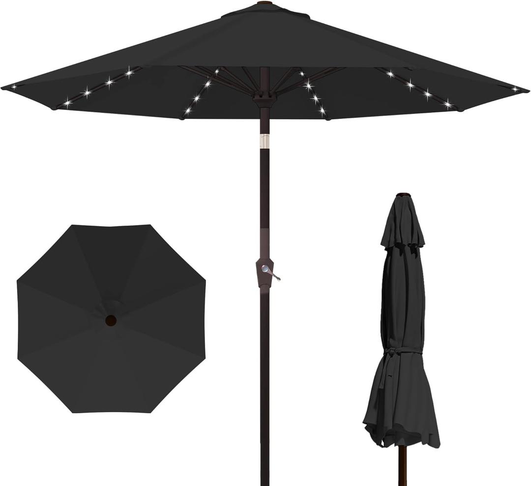 Kingdura 10FT Outdoor Patio Umbrella with Solar Lights, Market Table Umbrella with Push Button Tilt & Crank, 8 Sturdy Ribs, 32 LED Lights, UV Protection for Garden Lawn Deck Backyard Pool (Black)