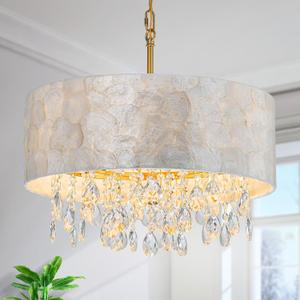 Capiz Shell Crystal Drum Chandeliers, Elegant Pendant Light Fixture for Dining Room, Living Room, D17.7 x 21~68"(Adjustable Height), White Shell Lampshade & Gold Finish Frame
