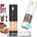 CIRCLE JOY Electric Salt and Pepper Grinder Set Rechargeable Salt and Pepper Mills with 6-Level External Adjustable Coarseness, White LED Light and Storage Base, Black & White