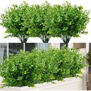 24 Bundles Outdoor Artificial Boxwood UV Resistant Fake Stems Plants, Faux Plastic Greenery for Indoor Outside Hanging Plants Garden Porch Window Box Home Wedding Farmhouse Dcor
