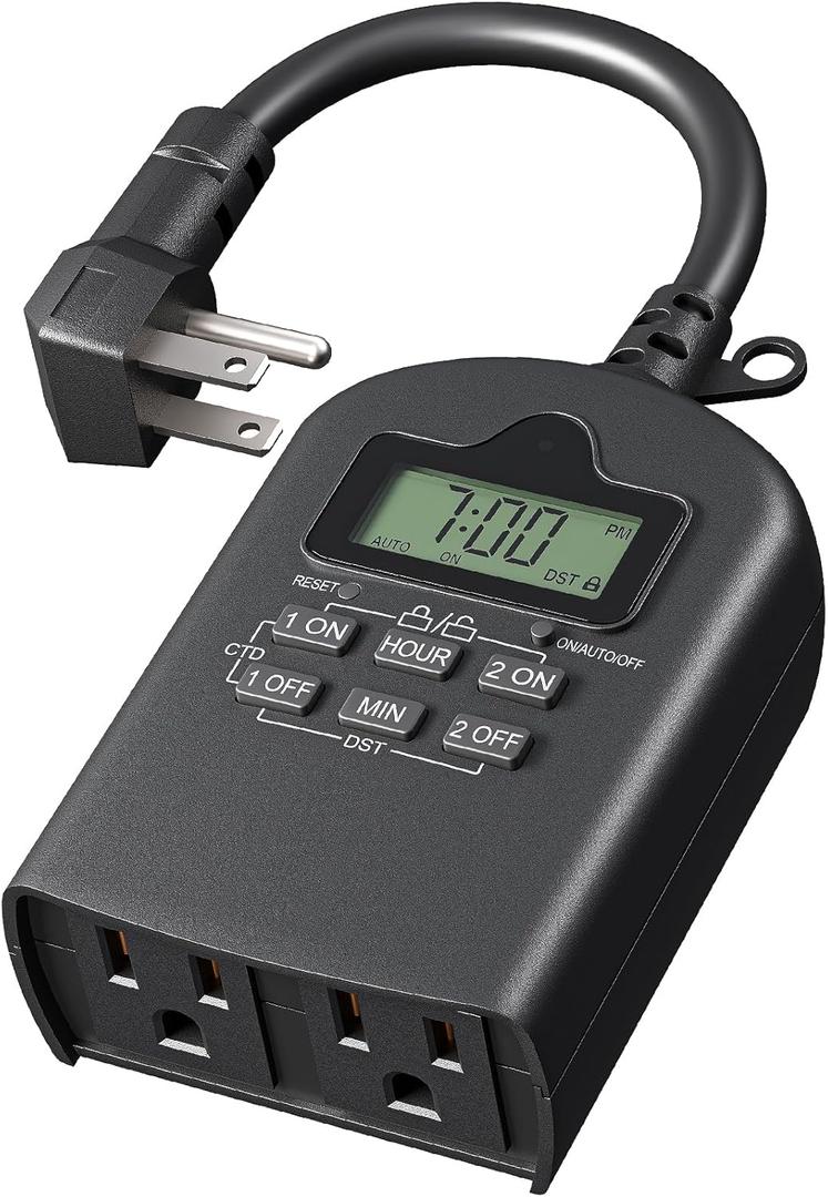 DEWENWILS Outdoor Timer Outlet Waterproof, Outdoor Digital Timer for Lights, Programmable with 2 Grounded Outlets, for Home and Garden, 15A, 1/2HP, Heavy Duty