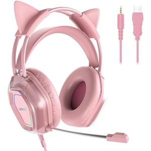 Wantek Cute Cat-Ear Gaming Headset - 50mm Drivers, Noise-Cancelling Mic, 3.5mm Wired Stylish & Lightweight Design (Pink)
