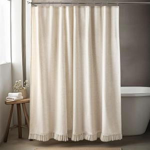 78 Inches Long Natural Linen Shower Curtain with Tassels, Tall Country Boho Farmhouse Linen Shower Curtains for Bathroom Natural Cloth Weighted Fabric Bath Curtains