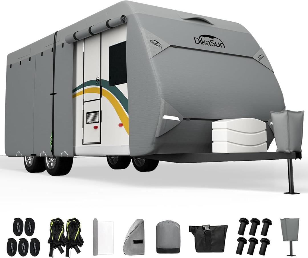 RV Cover, Upgraded 7 Layers top travel trailer cover Fits 18 to 20 feet RV, Waterproof camper Cover for Toy Hauler with Tongue Jack Cover, Gutter Covers