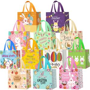 DECHISY 12Pack Easter Bags with Handles for Kids, Bunny Carrot Chick Reusable Easter Egg Hunt Bags, Non-Woven Easter Baskets for Gifts Wrapping, Easter Egg Hunt, Easter Party Favors, 8.37.95.9inch (Yellow)