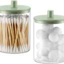 TIPGO Glass Qtip Holder Dispenser for Bathroom - 10 oz Clear Canister Apothecary Jar for Cotton Swabs, Balls, Pads, Floss Picks, Small Containers for Makeup Storage Organizer (2 Pack, Green)