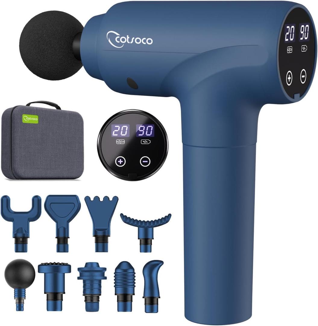 cotsoco Massage Gun Deep Tissue, Muscle Massage Gun with 9 Attachment Heads 20 Speeds & Silent Brushless Motor for Pain Relief, Handheld Percussion Back Massager Gun for Athletes (Dark Blue)