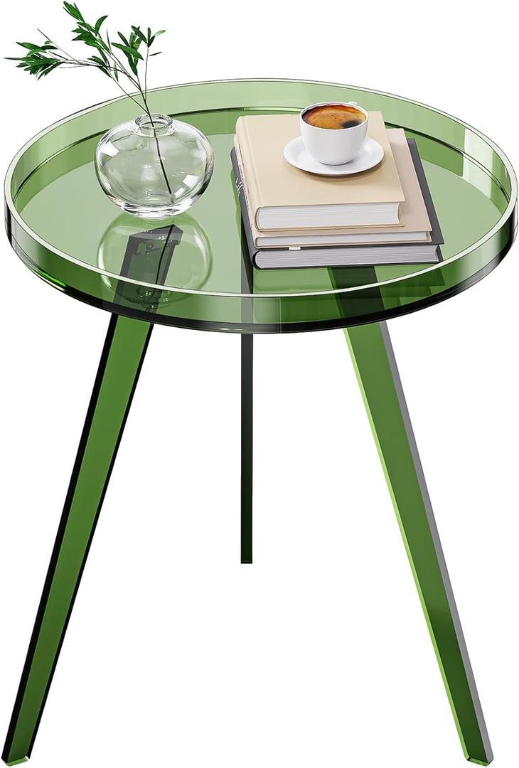 Clear Acrylic Side Table, Round End Table Nightstand Bedside Table Small Circle with Tray for Living Room Bedroom Office Small Space (Green)