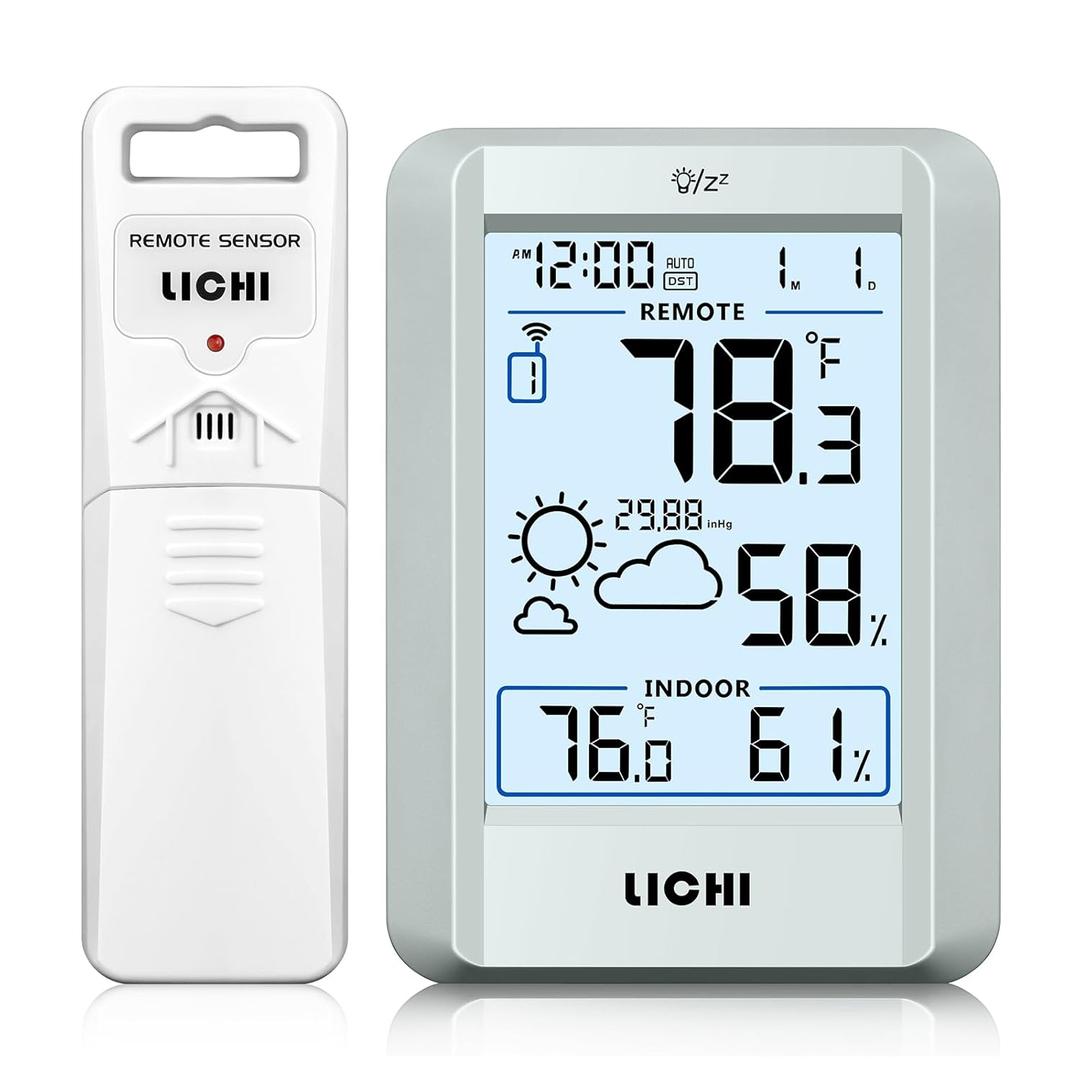Indoor Outdoor Thermometer Wireless Weather Station External Thermometer Hygrometer Monitor with 330ft Range Remote Sensor, Battery Operated Backlit Display (Grey)