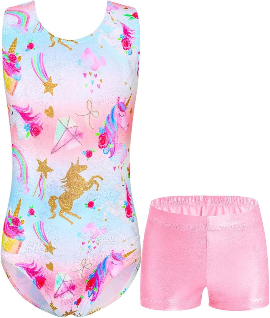 Domusgo Girls Gymnastics Leotards Set One Piece Sleeveless Tumbling Outfits with Matching Shorts (10-12 Years, Pink White Multicolor) Domusgo Girls Gymnastics Leotards Set One Piece Sleeveless Tumbling Outfits with Matching Shorts (10-12 Years, Pink White Multicolor)