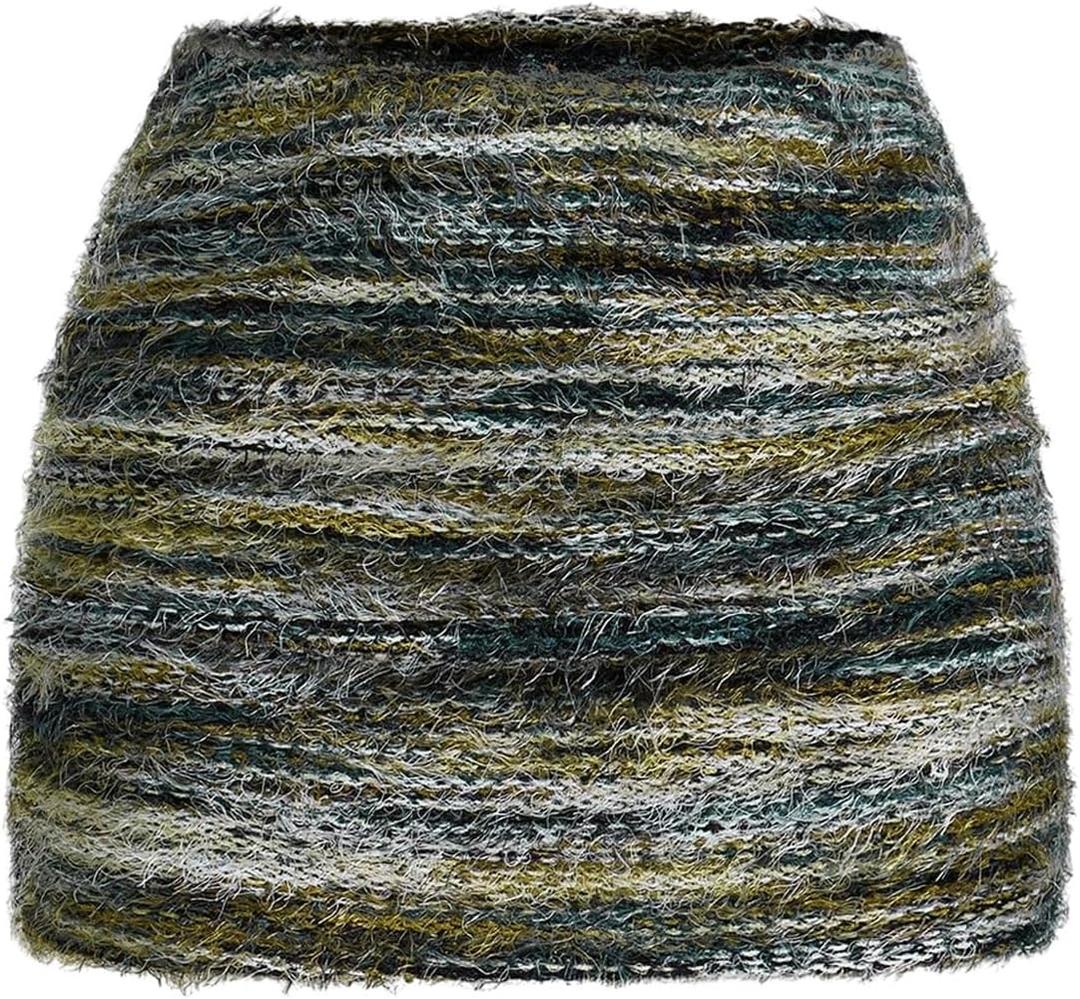 MakeMeChic Women's Brown Mini Skirts Winter Fuzzy Fur Bodycon Skirt Y2K Christmas Outfits Cowgirl Chic (Medium, Olive Green)