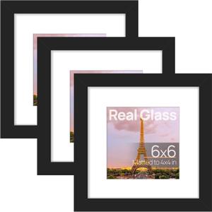 upsimples 6x6 Picture Frame Set of 3, Made of High Definition Glass for 4x4 with Mat or 6x6 Without Mat, Wall and Tabletop Display Photo Frames, Black
