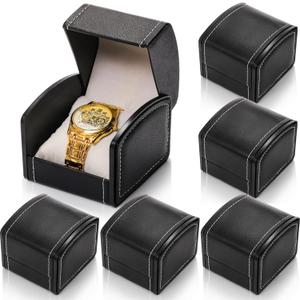 6 Packs Single Grid Watch Box with Pillow, PU Leather Gift Case for Bracelet, Jewelry Wristwatch Storage, Watch Display Holder for Men and Women, Single Watch Roll Organizer, Black