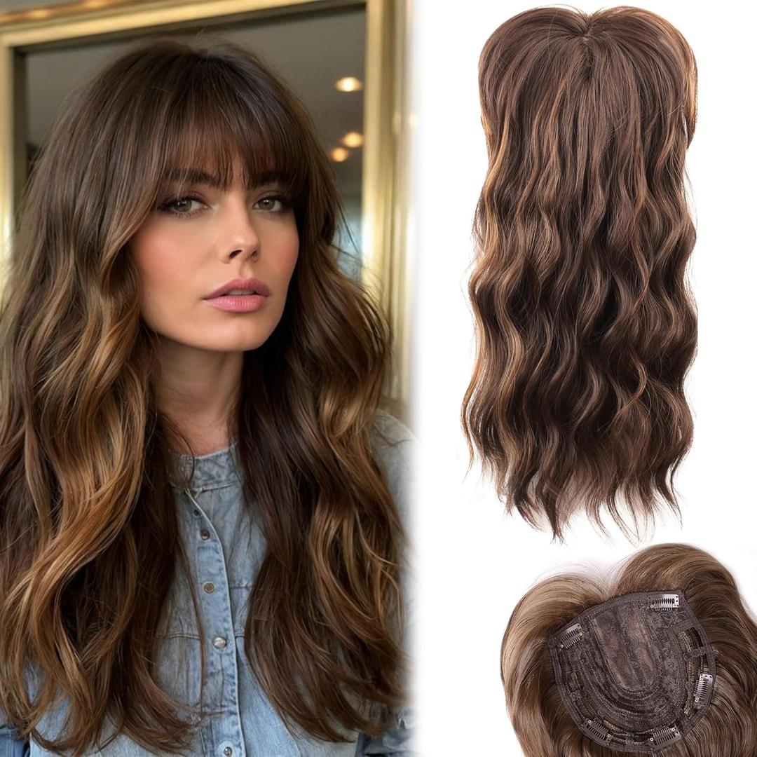 LEEONS Hair Toppers for Women 20-Inch Long Wavy Synthetic Wiglets With Bangs - Clip-in Hair Pieces for Thinning Hair, Balayage Chocolate Brown to Honey Blonde