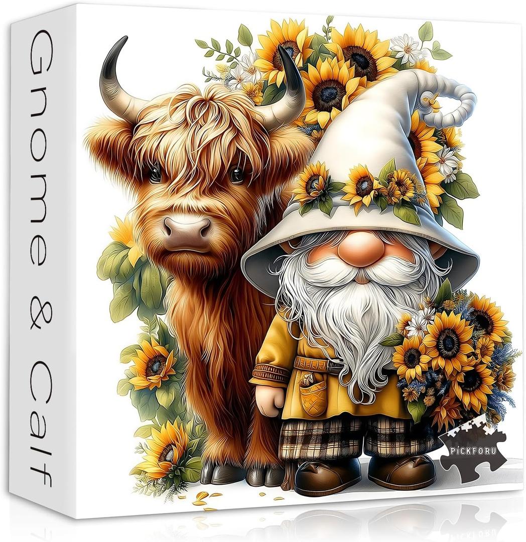 Highland Cow Gnome Puzzles for Adults 1000 Pieces, Nature Sunflower and Cow Puzzles, Animal Plant Floral Themed Jigsaw Puzzles Challenging for Adults