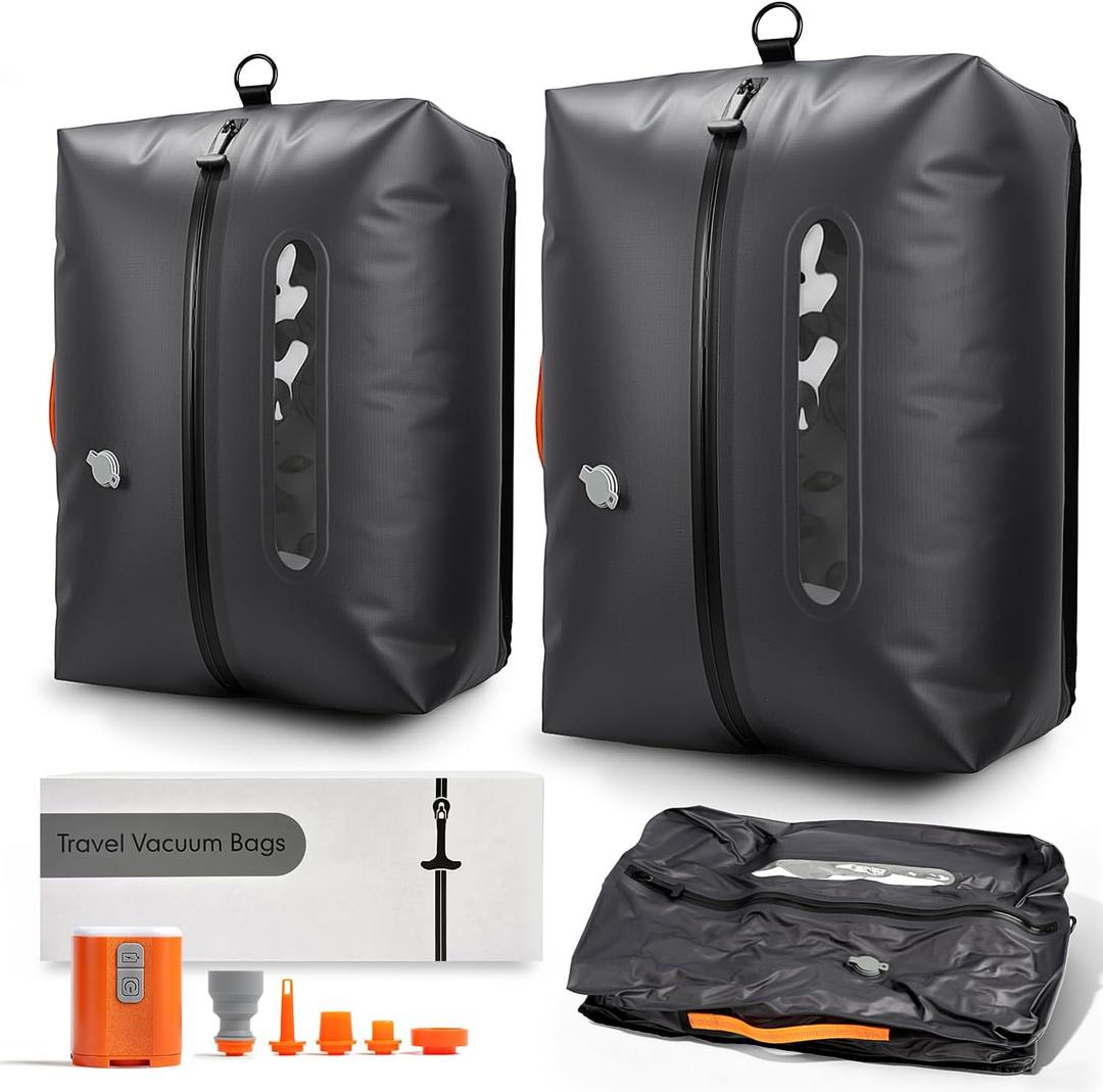 Vacuum Travel Bags with Pump, 2 Pack 34L Space Saver Vacuum Compression Bags for Travel Luggage Suitcase Backpack, Waterproof & Reusable Vacuum Packing Cubes for Clothing2Pcs+Pump)