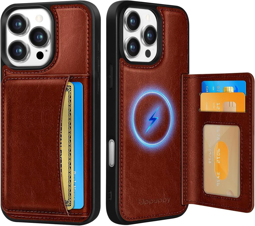 Uppuppy for iPhone 16 Pro Max Case with Wallet - Fits 4 Card Slots, Compatible with MagSafe for Women Men Aesthetic PU Leather Credit Card Holder Kickstand Phone Cover for Apple 16 Promax, Brown