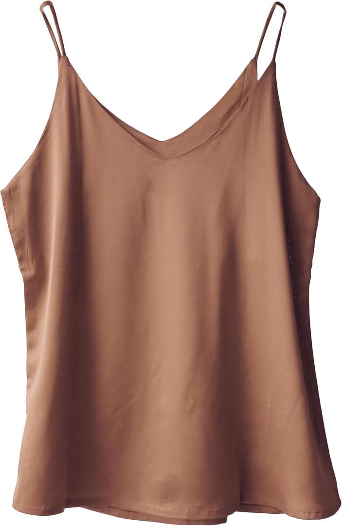 Wantschun Womens Silk Satin Camisole Cami Plain Strappy Vest Top T-Shirt Blouse Tank Shirt V-Neck Spaghetti Strap XS-4X (Basic - Brown)