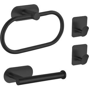 Self-Adhesive Bathroom Hardware Set, Towel Ring, Toilet Paper Holder and 2 Towel Hooks for Kitchen/Bathroom, No-Drilling Stainless Steel Bathroom Accessories, Wall Mounted, Black