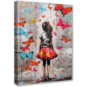 Tucocoo Pictures for Living Room Colorful Butterfly Paintings 1 Pieces Canvas Banksy Girl Street Graffiti Wall Art Modern Artwork Home Decor Giclee Framed Stretched Ready to Hang Gifts 12x16 inches