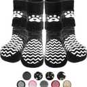 PUPTECK Anti Slip Dog Socks 2 Pairs with Double Grippers for Hardwood Floors, Shoes for Hot/Cold Pavement, Boots & Paws Protectors to Prevent Licking, Traction Booties for Senior Small Large Dogs (Black(Wave))