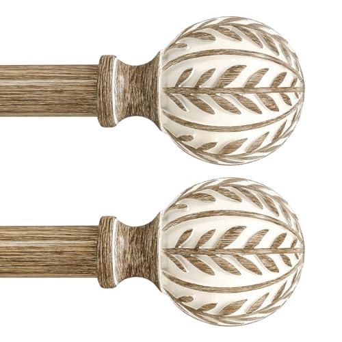 QDWIS 2 Pack Boho Wood Curtain Rods for Windows 66 to 120 inch,1" Adjustable Heavy Duty Window Curtain Rod with Imitation Wood Grain Finials,Rustic Decorative Drapery Rods Set 36-120'',Weathered Wood