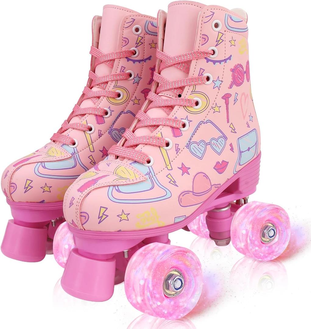 jessie Girl Roller Skates for Kid, PU Leather Flash Rainbow Adjustable Roller Skates Girls Ages 5-12 Four-Wheel Beginner Adult Indoor Outdoor (pink)