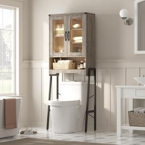 Over The Toilet Storage Cabinet with Tempered Glass Doors and Adjustable Shelf, Bathroom Organizer with Metal Stand Space Saver Over Toilet , Modern Toilet Rack for Bathroom, Restroom, Laundry, Grey, 68.9''H
