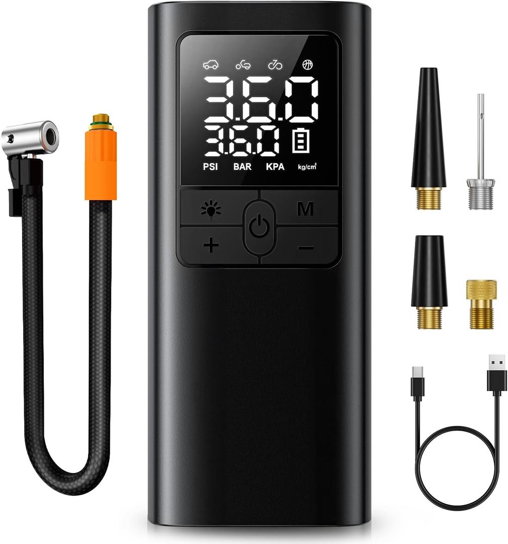 Tire Inflator Portable Air Compressor - 150PSI & 10000mAh Cordless Air Pump with Digital Tire Pressure Gauge, Accurate Dual LCD Display & LED Light, for Car/Motorcycle/E-Bike/Ball (Black)