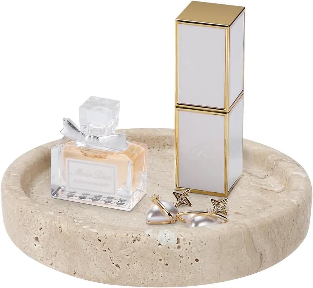 Travertine Tray, Small Ceramic Vanity Tray for Bathroom Counter Decor, Round Marble Decorative Trays for Coffee Table (Beige, Small Size) (5.9")