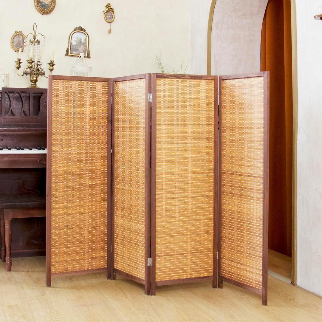 4 Panel Short Room Divider 3.9 ft Tall Double-Side Folding Privacy Screen, Natural Brown Bamboo Partition Wall for Home Office, Living Room & Corner Spaces