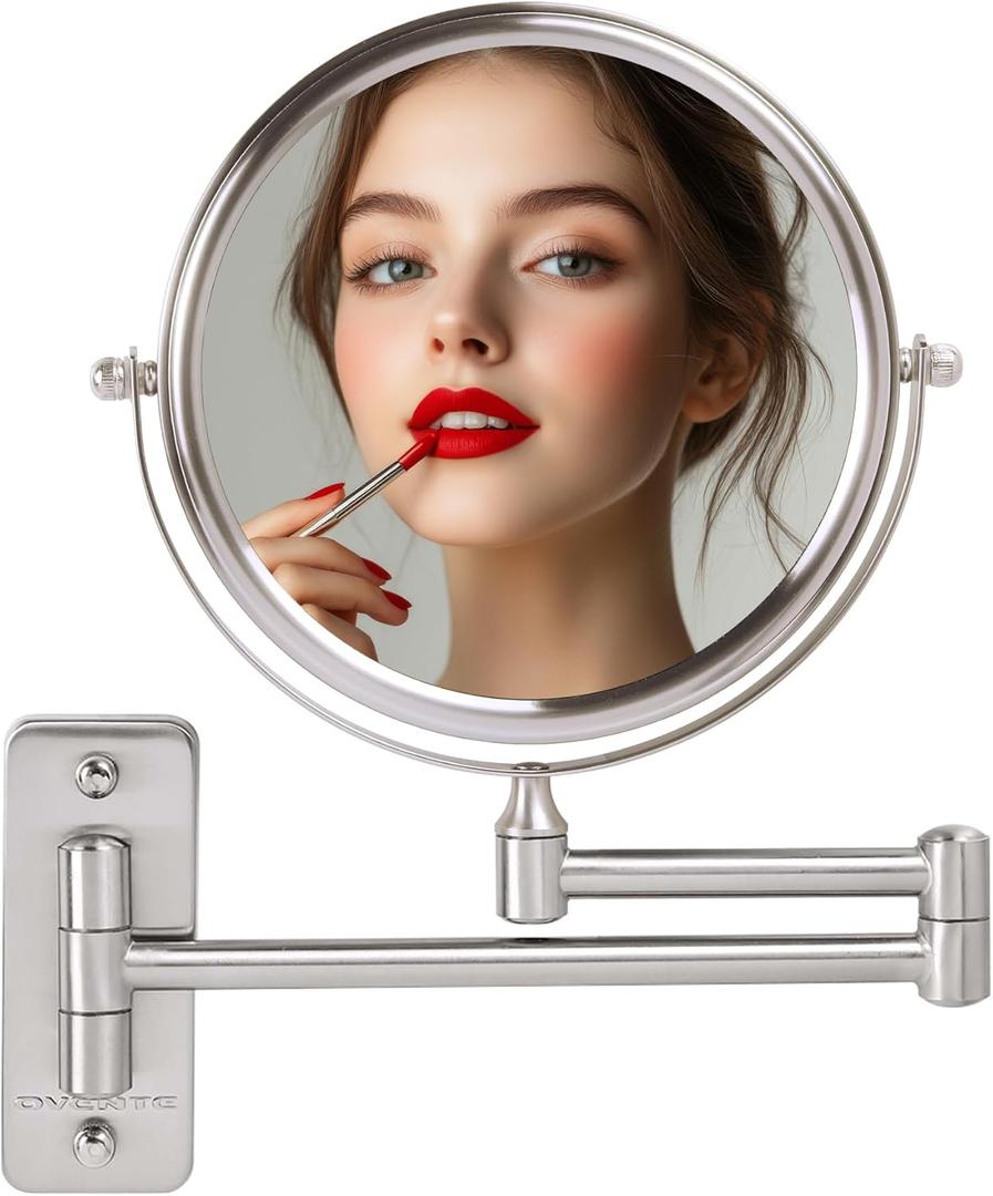 OVENTE 7" Wall Mounted Makeup Mirror with 1X/10X Magnification, Double Sided Magnifying Round Bathroom Vanity Mirror, 360 Swivel Design, Extendable and Folding Arm, Nickel Brushed MNLFW70BR1X10X
