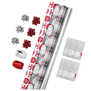 LaRibbons Christmas Wrapping Paper Set, Classic Santa Face & Plaid Design with Gift Bow & Ribbons & Tags, Perfect for Christmas, Holiday, Winter Party, Xmas, 30 Inch X 10 Feet (4Rolls, 100 sq.ft.ttl.)