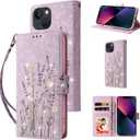 UEEBAI Wallet Case for iPhone 13 6.1 inch, PU Leather Phone Case Kickstand RFID Blocking Flip Case with Card Slots Wrist Strap Relief Engraved Pattern Magnetic Closure Folio Case - Pansy