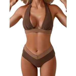 B2prity Women Halter Bikini Sets Sexy Deep V Neck Two Piece Swimsuits Color Block Bottom (M)