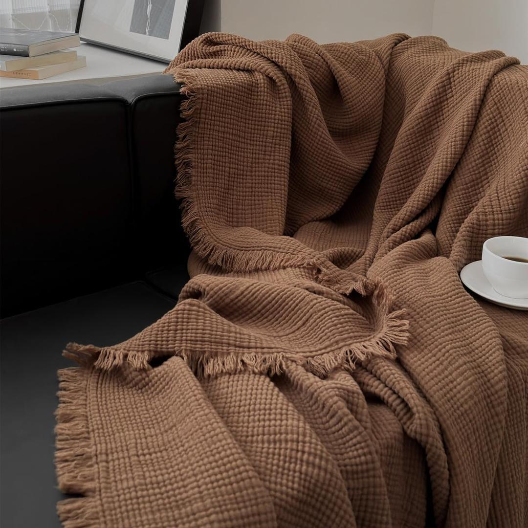100% Cotton 4-Layer Muslin Blanket with Fringes, 80"x90", Brown Bed Blanket, Ultra-Soft Gauze Boho Bedding for All Seasons, Breathable for Couch, Bed(Brown,Queen)