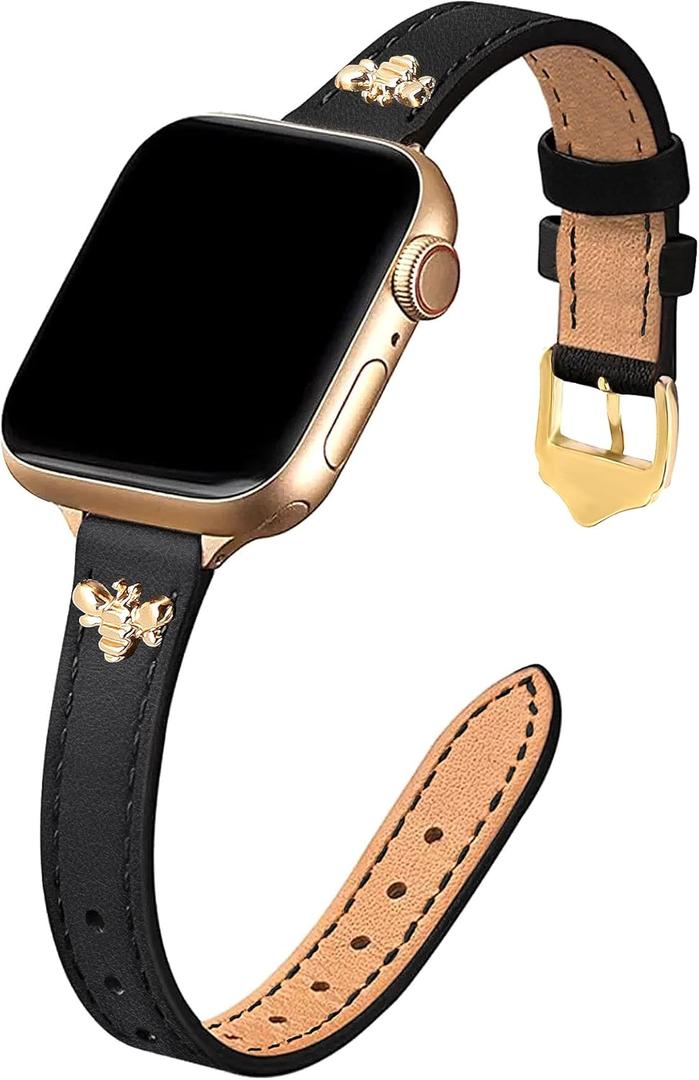JR.DM Slim Leather Bands Compatible with Apple Watch Band 42mm 44mm 45mm 46mm 49mm, Genuine Leather Band with Charms, Feminine Design for Iwatch Ultra SE Series 11 10 9 8 7 6 5 4 3 2 1 (0 Black & Gold with Bee)