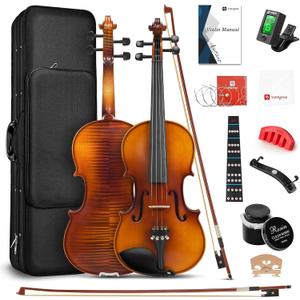 Violin Acoustic Fiddle Kit Professional Solid Wood Violin Unique Maple Wood Pattern Premium Ebony Fitting Starter Kit for Beginner Adults, Full Size By Vangoa
