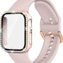 Compatible with Apple Watch Band and Case 38mm 40mm 41mm 42mm 44mm 45mm Women, Soft Silicone Bands and Bling Diamond Case & Glass Screen Protector for iWatch Series 9 8 7 6 5 4 3 2 1 and SE (Pink)