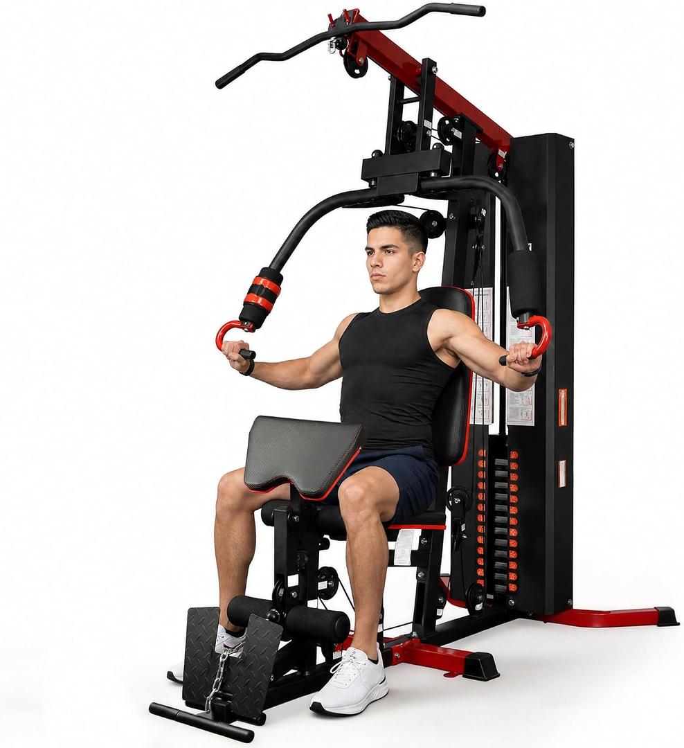 Home Gym System with 160 lbs Weight Stack, All-in-One Full Body Workout Machine with Pulley System & Leg Press, Heavy Duty Strength Training Equipment for Home Gym, Garage & Apartment