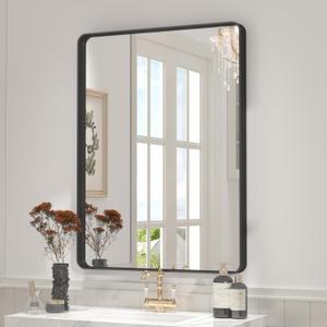 26x36 Inch Black Metal Framed Bathrrom Mirror for Wall, Matte Black Rectangle Mirror, Rounded Corner, Anti-Rust (Horizontal/Vertical)