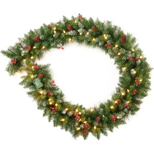 9 Feet Pre-Lit Christmas Garland, Mixed Pine Decorated with Frosted Berries, Pinecones, 50 LED with Timer, Battery Operated, for Mantle Staircase Indoor and Outdoor (Green White)