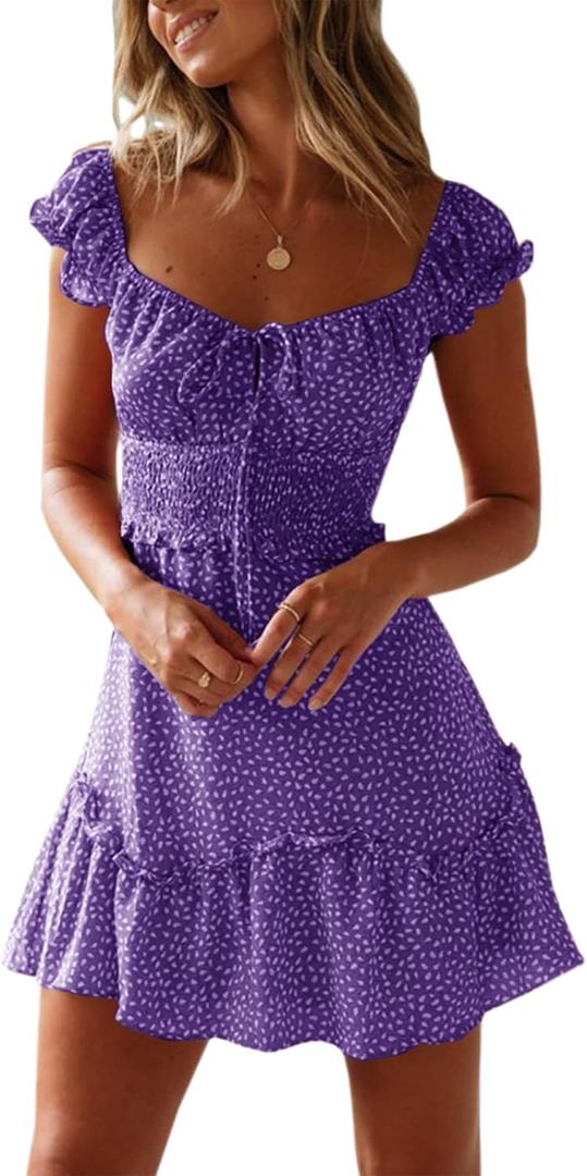 YOBECHO Womens Summer Ruffle Sleeve Sweetheart Neckline Printing Dress Mini Dresses, L