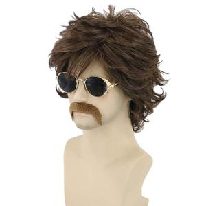 LeMarnia 70s Mens Wigs Brown Short Wavy Shaggy Wig Cosplay Halloween Costume Wigs+Wig Cap