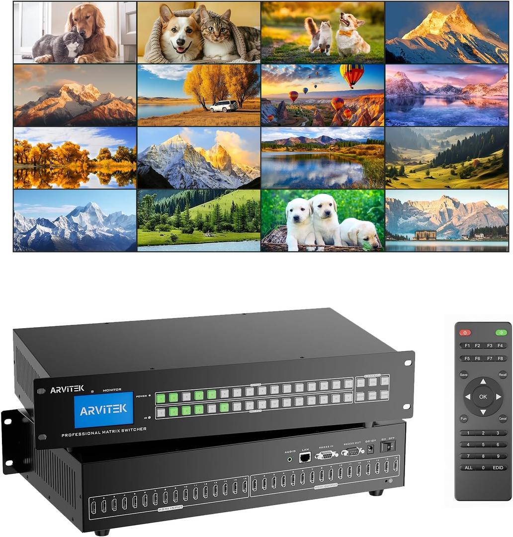 4K HDMI Matrix 16x16 w/Web & AUX Audio Output, ARVITEK Matrix Switcher 16 in 16 Out Support LAN/RS232/IR/APP Switch, Fit 2U Rackmount Rack