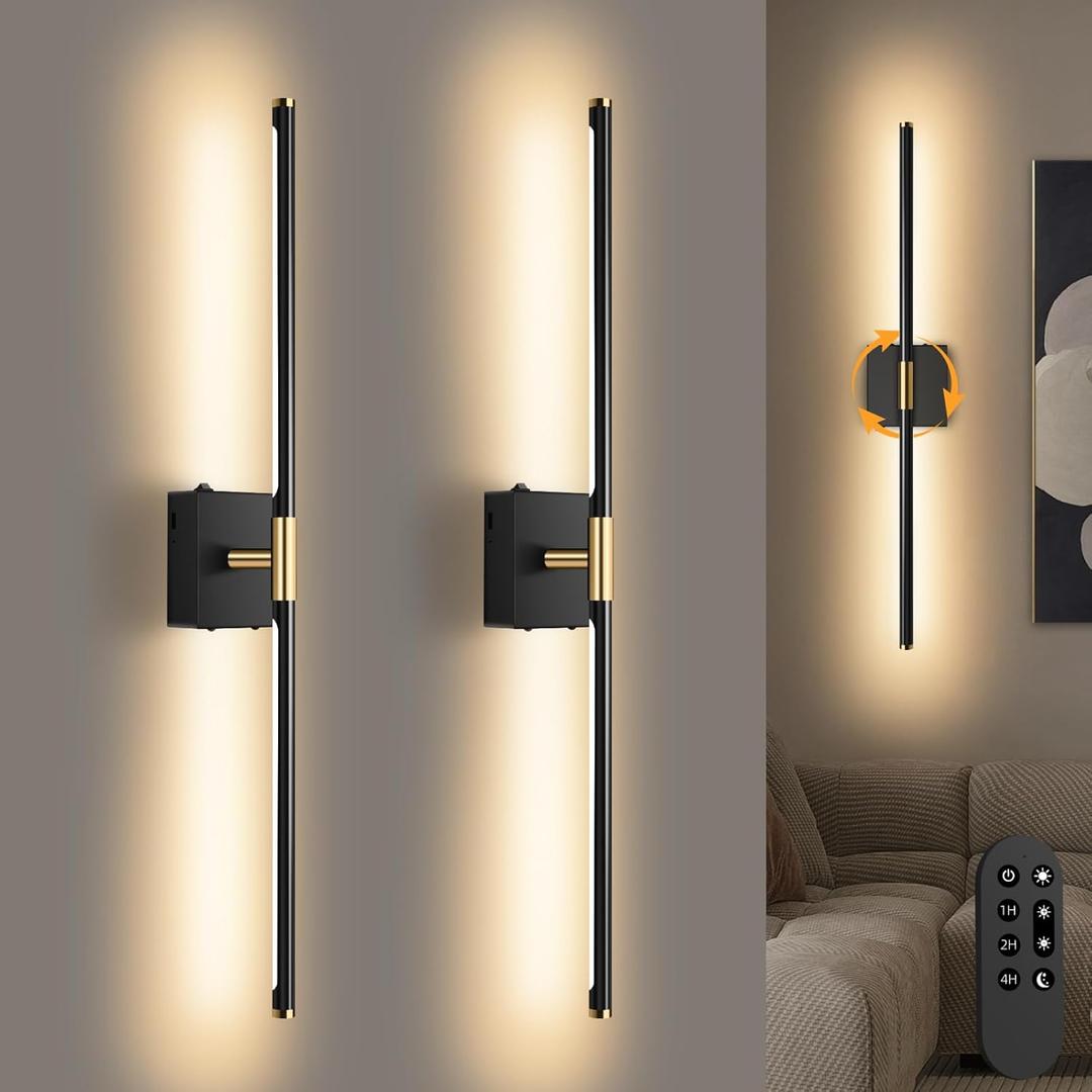 Wall Sconces Set of 2 Battery Operated, Wireless USB Rechargeable Wall Lights with Remote Control, 360 Rotation, 8000mAh LED Dimmable Picture Lamp for Living Room,Bedroom,Hallway (30in Black)
